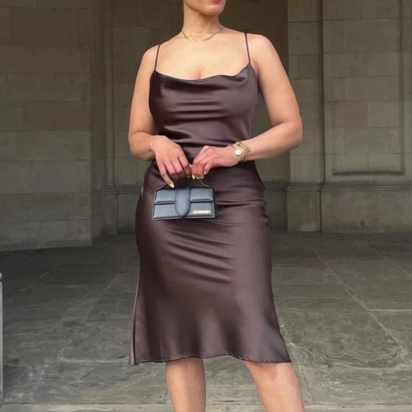 NWOT Meshki Tabitha cowl neck midi dress brown - Picture 2 of 9